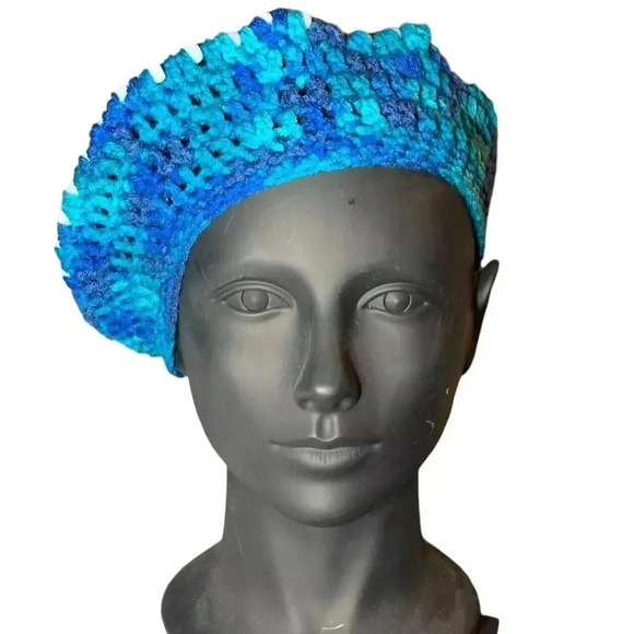 Handmade Accessories - Beaded Beret Hat Women Size Adult Multicolor Blue White Crochet Warm Embellished